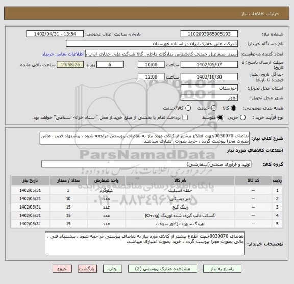 استعلام تقاضای 0030070جهت اطلاع بیشتر از کالای مورد نیاز به تقاضای پیوستی مراجعه شود ، پیشنهاد فنی ، مالی بصورت مجزا پیوست گردد ، خرید بصورت اعتباری میباشد.