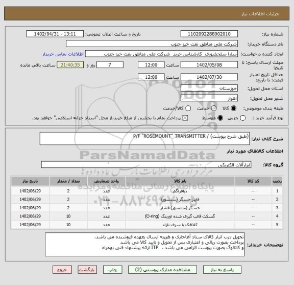 استعلام (طبق شرح پیوست) / P/F "ROSEMOUNT" TRANSMITTER