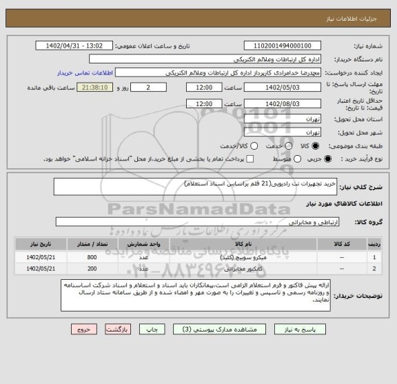 استعلام خرید تجهیزات نت رادیویی(21 قلم براساس اسناد استعلام)