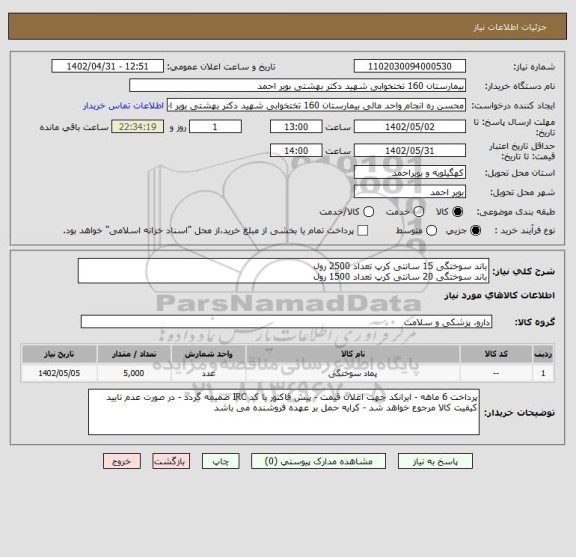 استعلام باند سوختگی 15 سانتی کرپ تعداد 2500 رول 
باند سوختگی 20 سانتی کرپ تعداد 1500 رول