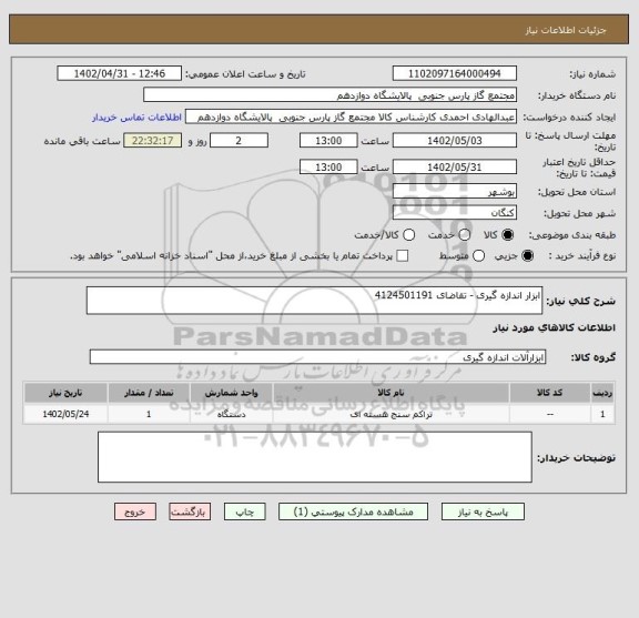 استعلام ابزار اندازه گیری - تقاضای 4124501191
