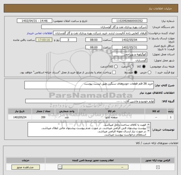 استعلام خرید 26 قلم قطعات خودروهای سنگین طبق لیست پیوست
