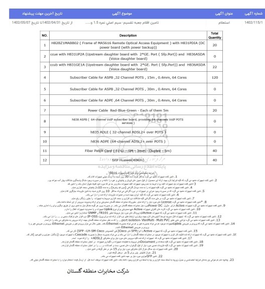 استعلام  تامین اقلام جعبه تقسیم ، سیم اصلی نمره 15 