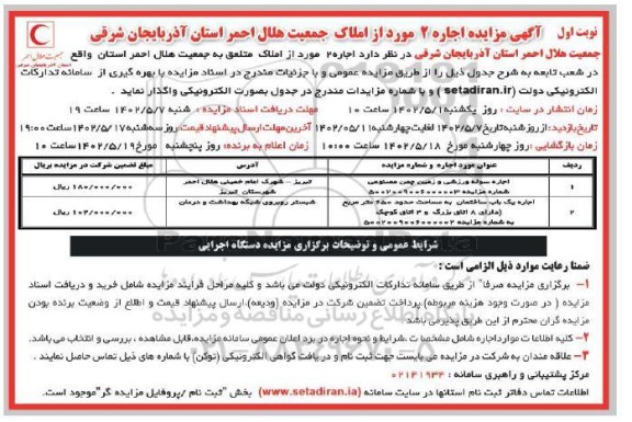 مزایده اجاره دو مورد از املاک