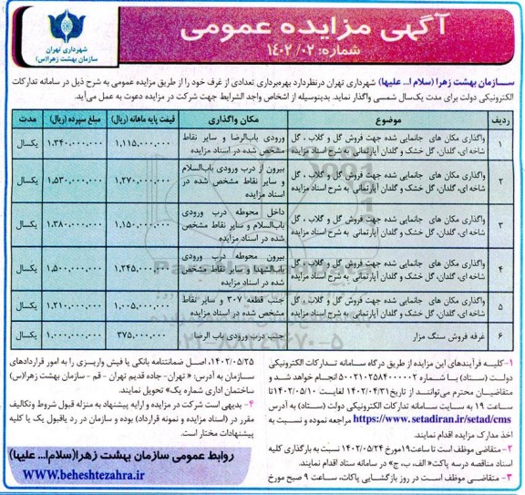 مزایده بهره برداری تعدادی از غرف