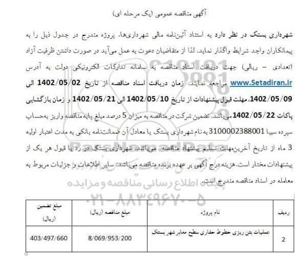 مناقصه عملیات بتن ریزی خطوط حفاری سطح معابر شهر