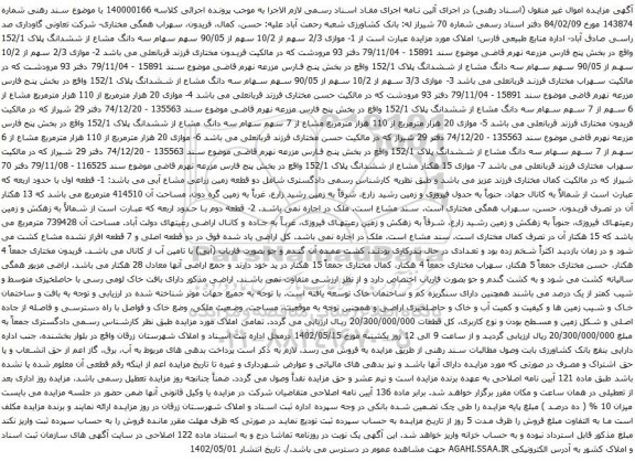 آگهی مزایده 1- موازی 2/3 سهم از 10/2 سهم از 90/05 سهم سهام سه دانگ مشاع از ششدانگ پلاک 152/1