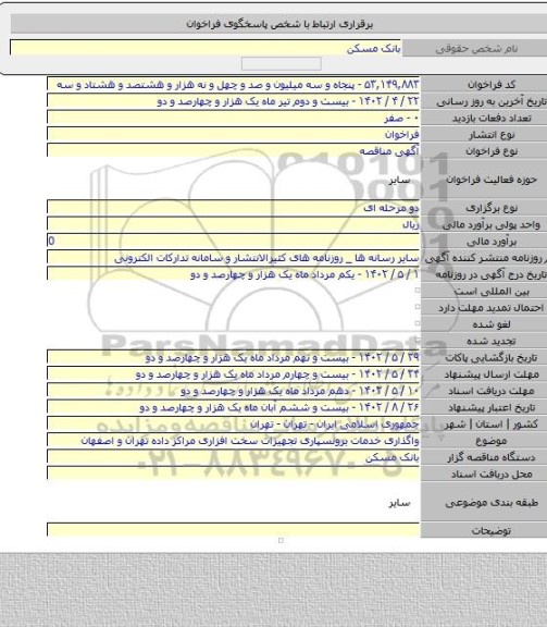 مناقصه, واگذاری خدمات برونسپاری تجهیزات سخت افزاری مراکز داده تهران و اصفهان