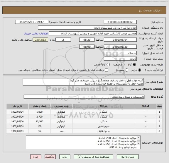 استعلام کلیه موارد فوق با ناظر نوسازی هماهنگ و سپس خریداری می گردد 
هزینه حمل تا شهرستان بر عهده فروشنده می باشد