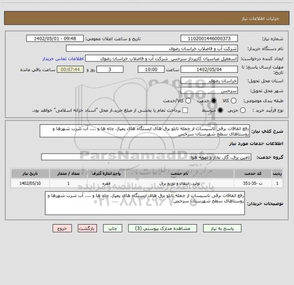 استعلام رفع اتفاقات برقی تاسیسات از جمله تابلو برق های ایستگاه های پمپاژ، چاه ها و .... آب شرب شهرها و روستاهای سطح شهرستان سرخس
