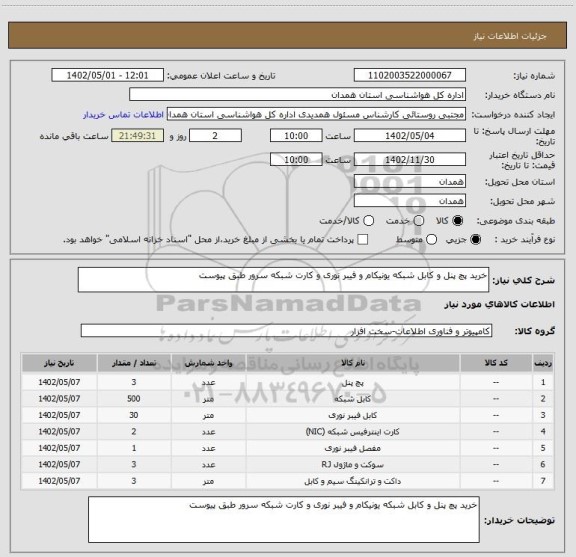 استعلام خرید پچ پنل و کابل شبکه یونیکام و فیبر نوری و کارت شبکه سرور طبق پیوست