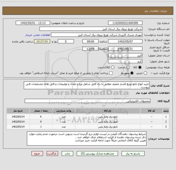 استعلام خرید انواع تابلو توزیع فشار ضعیف مطابق با یک فایل شامل نوع و تعداد و توضیحات و فایل های مشخصات فنی پیوست