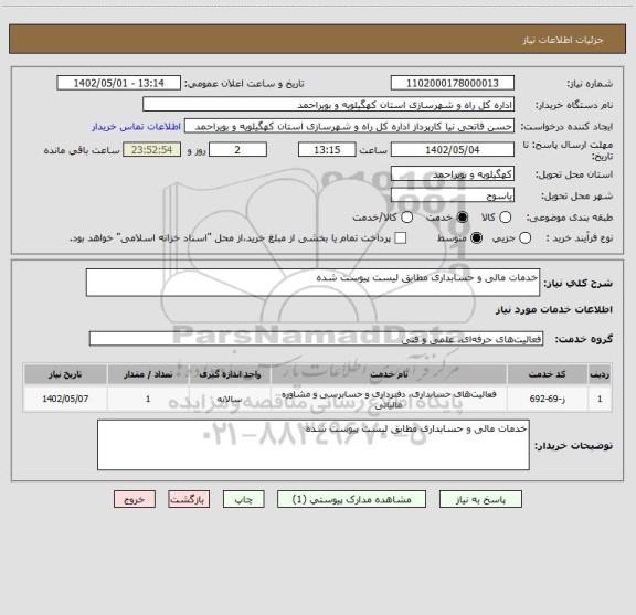 استعلام خدمات مالی و حسابداری مطابق لیست پیوست شده