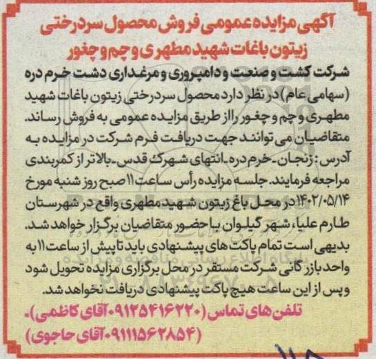 مزایده عمومی فروش محصول سردرختی زیتون باغات 