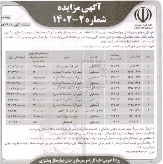 مزایده قطعات زمین نوبت دوم