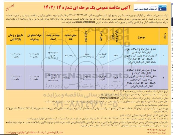 مناقصه تهیه و حمل ولوله و اتصالات پلی اتیلن خط لوله اصلی ...
