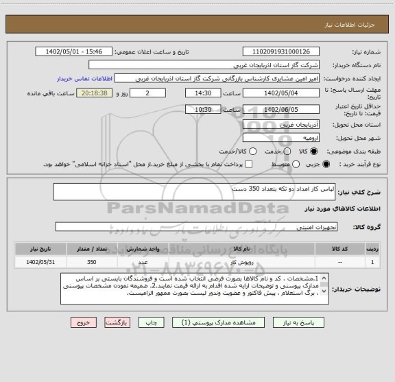 استعلام لباس کار امداد دو تکه بتعداد 350 دست