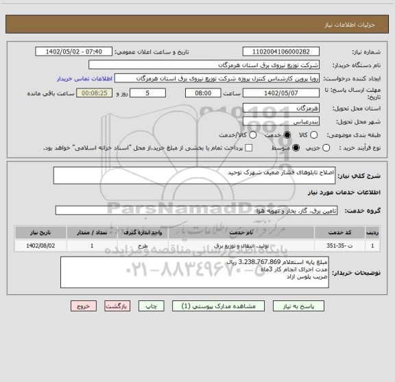 استعلام اصلاح تابلوهای فشار ضعیف شهرک توحید