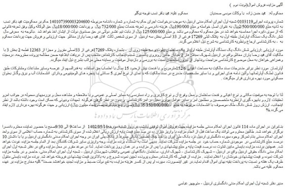 مزایده فروش شش دانگ یک دستگاه آپارتمان طبقه اول از یک ساختمان پیلوت و سه طبقه روی آن 
