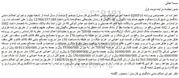 مزایده فروش شش دانگ از یک باب خانه به مساحت 705/66 متر مربع  
