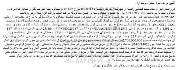 مزایده فروش یکدستگاه سواری سمند LXEF7-CNG