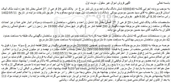 مزایده فروش شش دانگ یک واحد پرورش شتر مرغ در پلاک ثبتی 29 فرعی از 27 اصلی