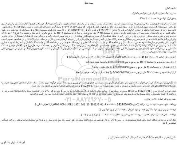 مزایده فروش شش دانگ عرصه واعیان یک باب ساختمان
