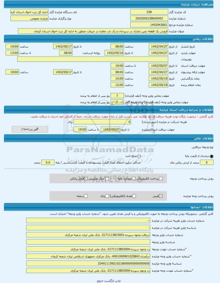 مزایده ، فروش یک قطعه زمین تجاری در سیرجان و یک باب مغازه در جیرفت متعلق به اداره کل ثبت احوال استان کرمان -مزایده مغازه - استا