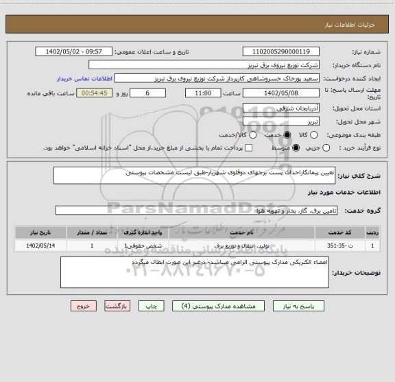 استعلام تعیین پیمانکاراحداث پست برجهای دوقلوی شهریار-طبق لیست مشخصات پیوستی