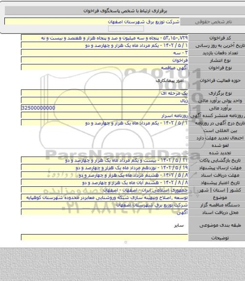 مناقصه, توسعه ٬اصلاح وبیهینه سازی شبکه  وروشنایی معابردر محدوده شهرستان کوهپایه