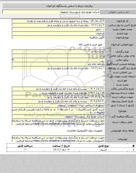 مناقصه, خرید کابل کنستانتریک ۱ در ۶ باضافه ۶ م م nycy با وزن تقریبی هادی مس (۰.۱۰۶kg/m)