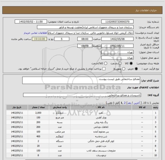 استعلام مصالح ساختمانی طبق لیست پیوست