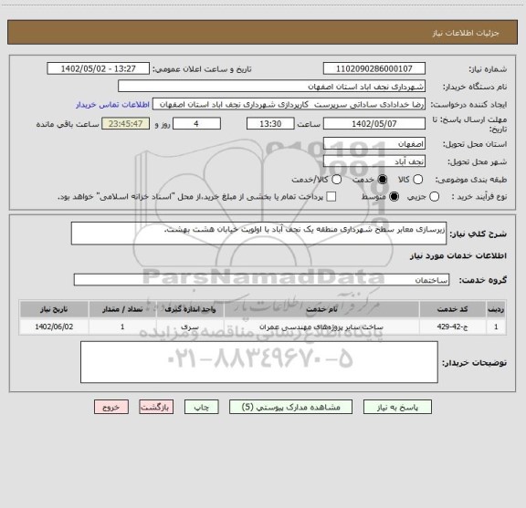 استعلام زیرسازی معابر سطح شهرداری منطقه یک نجف آباد با اولویت خیابان هشت بهشت.