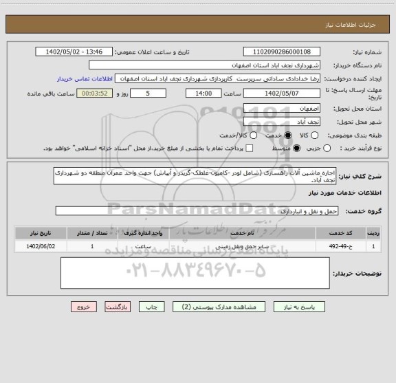 استعلام اجاره ماشین آلات راهسازی (شامل لودر -کامیون-غلطک-گریدر و آبپاش) جهت واحد عمران منطقه دو شهرداری نجف آباد.