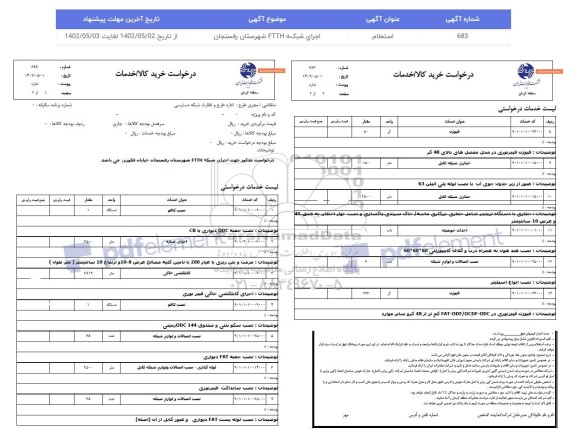 استعلام اجرای طرح ftth شهرستان ...