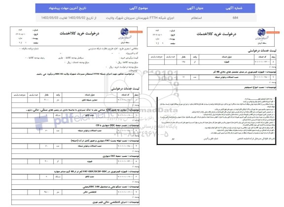 استعلام اجرای طرح ftth شهرستان