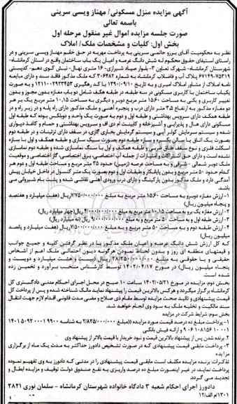 مزایده فروش شش دانگ عرصه و اعیان یک باب ساختمان با کاربری مسکونی در سه طبقه