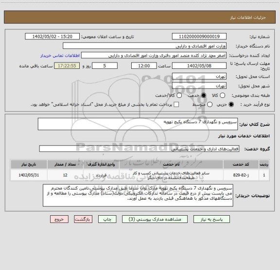 استعلام سرویس و نگهداری 7 دستگاه پکیج تهویه