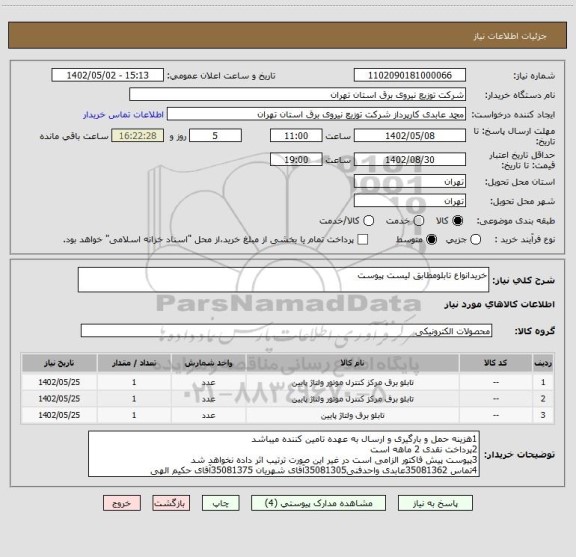 استعلام خریدانواع تابلومطابق لیست پیوست
