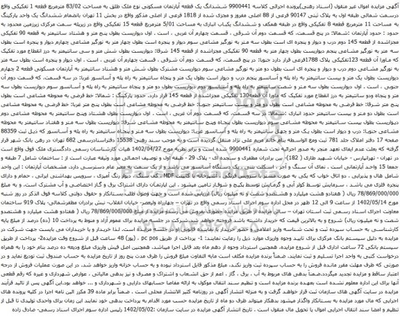آگهی مزایده ششدانگ یک قطعه آپارتمان مسکونی نوع ملک طلق به مساحت 83/02 مترمربع