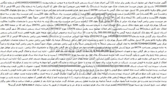 آگهی مزایده ششدانگ یک قطعه زمین مزروعی/ نوع ملک طلق /با کاربری زراعی/ به شماره پلاک ثبتی 69 فرعی از 10 اصلی