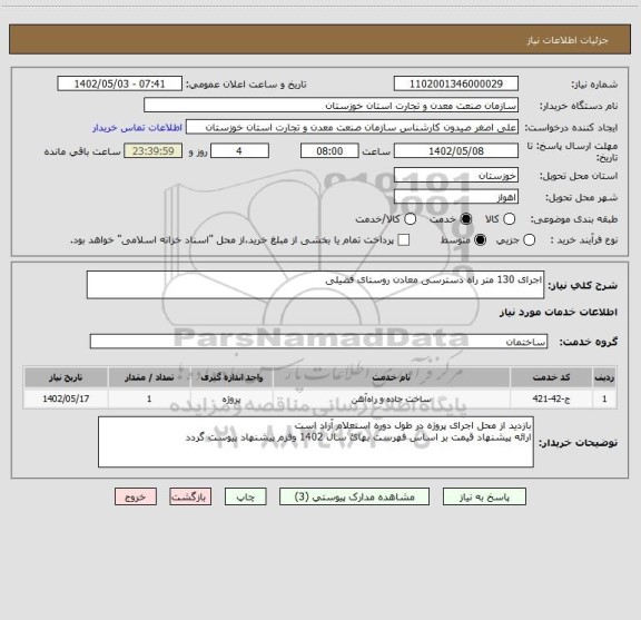 استعلام اجرای 130 متر راه دسترسی معادن روستای فضیلی