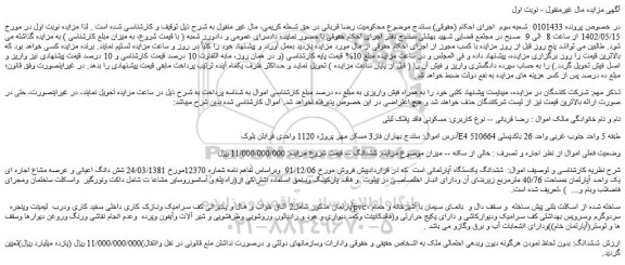 مزایده فروش ششدانگ یکدستگاه آپارتمانی