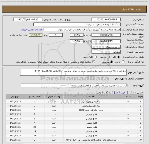 استعلام نیشابور-اتصالات وفلنج جوشی طبق لیست پیوست-پرداخت به صورت 50%نقد 50%اسناد 1404