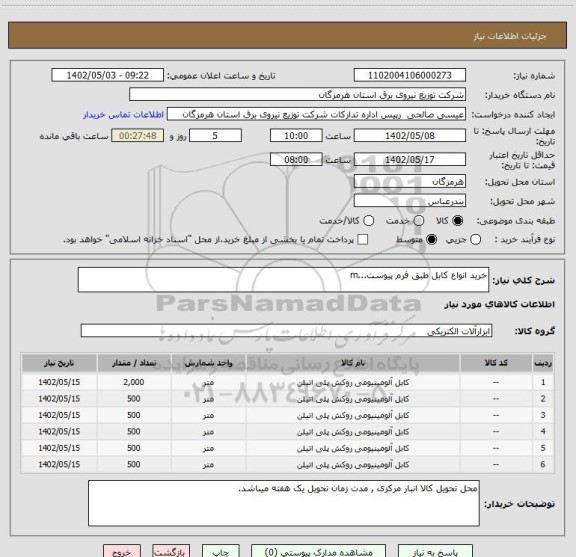 استعلام خرید انواع کابل طبق فرم پیوست...m