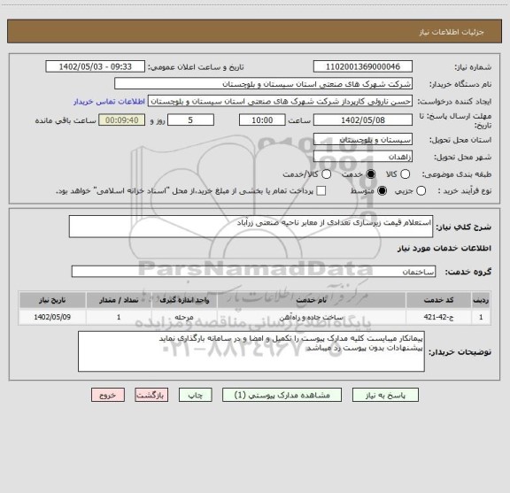استعلام استعلام قیمت زیرسازی تعدادی از معابر ناحیه صنعتی زرآباد