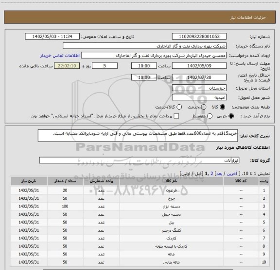 استعلام خرید15قلم به تعداد600عدد.فقط طبق مشخصات پیوستی مالی و فنی ارایه شود.ایرانکد مشابه است.