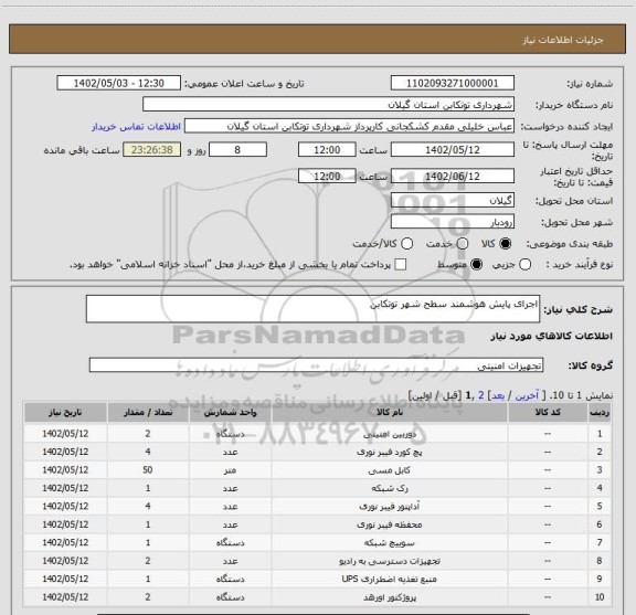 استعلام اجرای پایش هوشمند سطح شهر توتکابن