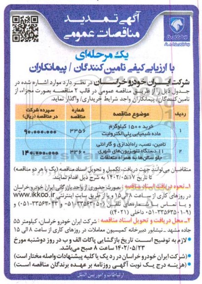 تمدید مناقصه خرید 1500 کیلوگرم ماده شیمیایی پلی الکترولیت و ...