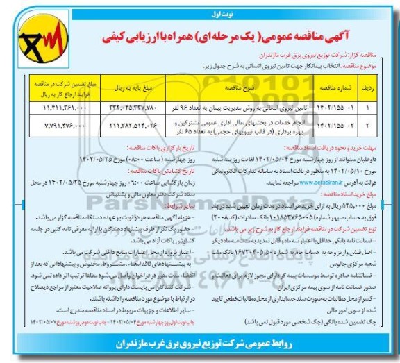 مناقصه تامین نیروی انسانی به روش مدیریت پیمان به تعداد 96 نفر....